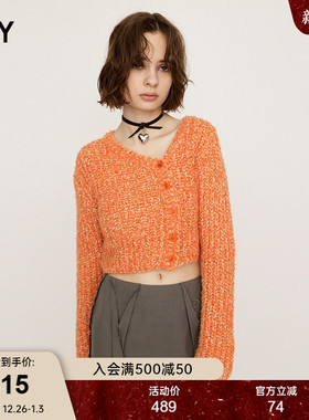 SLY 2025春季新品淑女风V领斜门襟短款针织开衫上衣030ISY70-0451