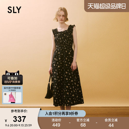 SLY夏季新品田园风碎花无袖方领收腰长裙连衣裙030ISZ33-3431