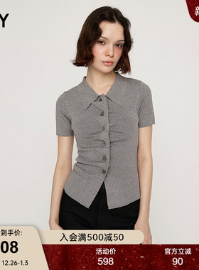 SLY2025早秋新品简约通勤风纯色翻领正肩短袖针织衫030IAR70-0431