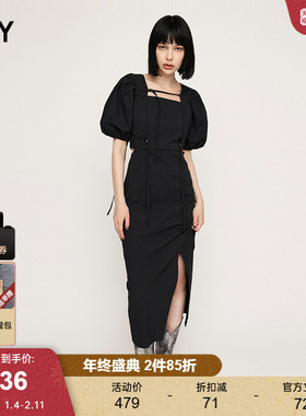 SLY 夏季新品气质优雅泡泡袖两件套开叉连衣裙030HSI33-2041