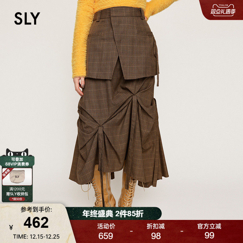 SLY 2024冬季新品复古港风不规则褶皱假两件半身裙030HAZ31-3711