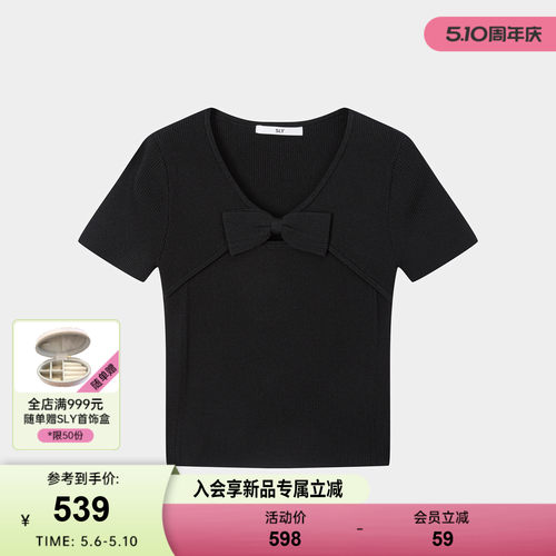 SLY 2026春季新品甜美风蝴蝶结V领简约针织短袖女038JSZ70-1003