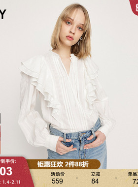 SLY 新品法式优雅浪漫系带荷叶边纯色通勤长袖衬衫038ISL30-0011