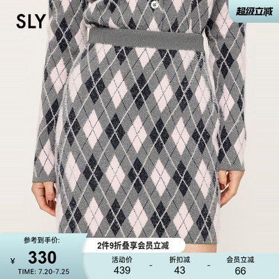 SLY 春季新品复古英伦风高腰菱格纹针织半身裙030IAY71-1691