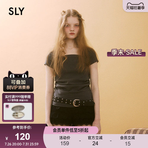 SLY 夏季新品简约修身通勤纯色方领短袖T恤女030ISR80-3251