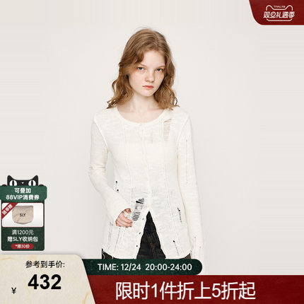 SLY 2025秋季新品慵懒风毛边破洞修身针织开衫女030IAZ70-1401