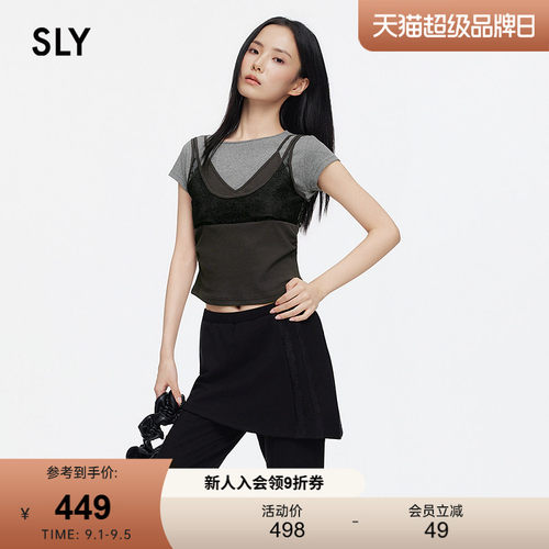 SLY 2026夏季新品纯欲风拼接蕾丝假两件撞色短袖T恤038JAA80-1002