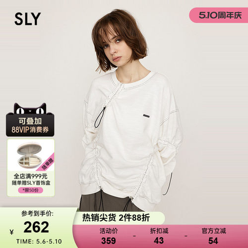 SLY春季新品美式慵懒风不规则抽褶圆领套头卫衣030HAR80-4791