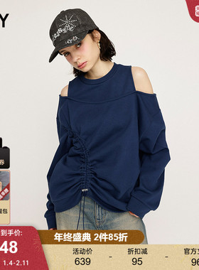 SLY 2025春季新品美式露肩抽绳褶皱长袖宽松卫衣女030ISR80-4731