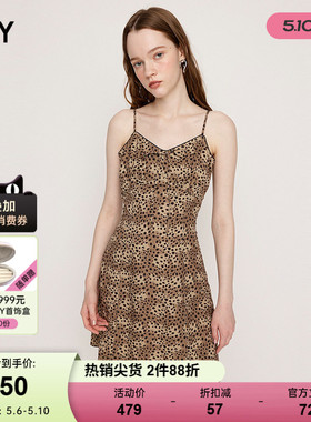 SLY夏季新品复古豹纹腰部镂空修身吊带连衣裙女030ISR33-3281