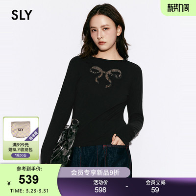 SLY 2026春季新品甜美风蝴蝶结印花修身长袖T恤女038JSZ80-1004
