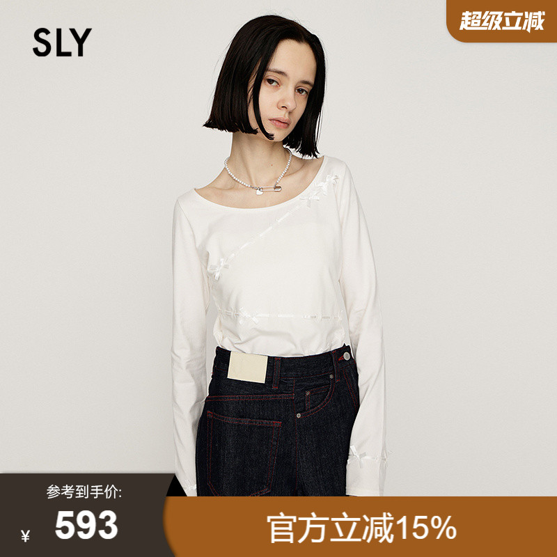 SLY 2025冬季新品温柔风不对称蝴蝶结拼接长袖T恤女030IAZ80-3251