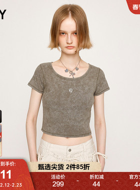SLY 夏季新品复古金属标小巧短款圆领短袖T恤女030ISR80-3311
