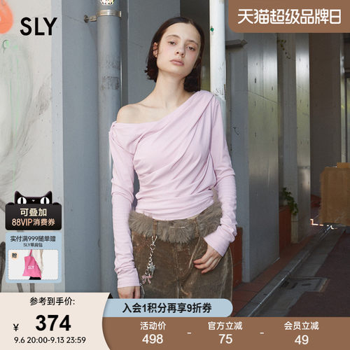 SLY春季新品优雅知性风纯色斜肩长袖荡领针织衫030IAR80-2151