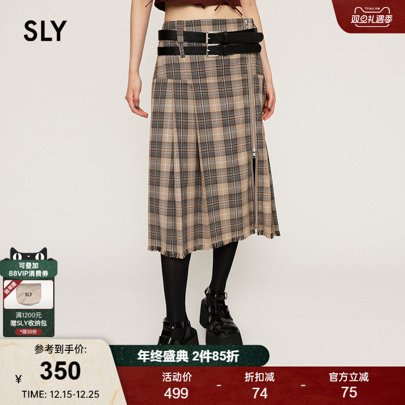 SLY 24冬季新品复古格纹双腰带百褶裙半身裙030HAZ31-4371
