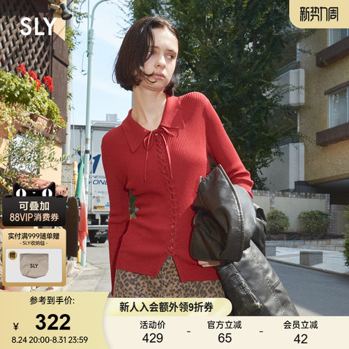 SLY 春季新品通勤风系带翻领修身长袖针织衫女030IAZ70-1451