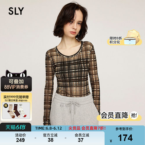 SLY 夏季新品复古港风马赛克撞色格纹微透上衣030ISA90-3121