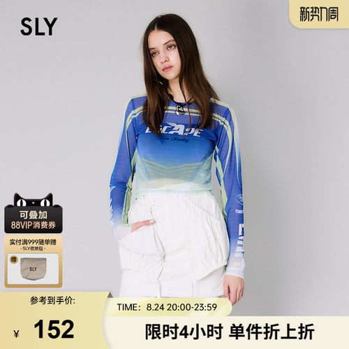 SLY渐变色图案Y2K玫瑰薄纱T恤