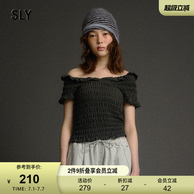 SLY 夏季新品甜美荷叶边一字领修身短袖针织衫030ISY80-4601