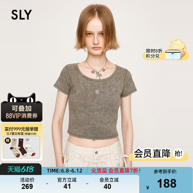 SLY 夏季新品复古金属标小巧短款圆领短袖T恤女030ISR80-3311