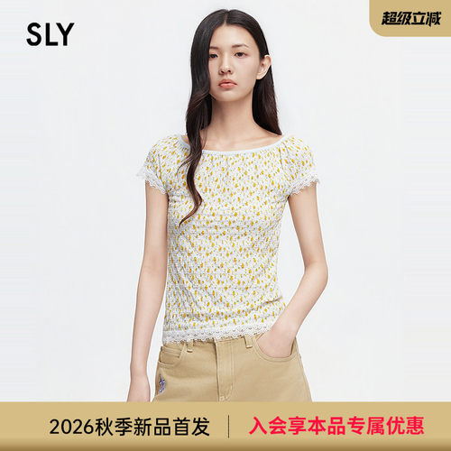 SLY 2026夏季新品清新田园风小黄碎花蕾丝花边T恤女038JSA80-1013