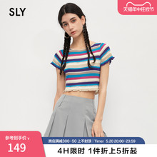 SLY 夏季新品甜辣截短彩色条纹木耳边修身T恤女038GSU70-5910