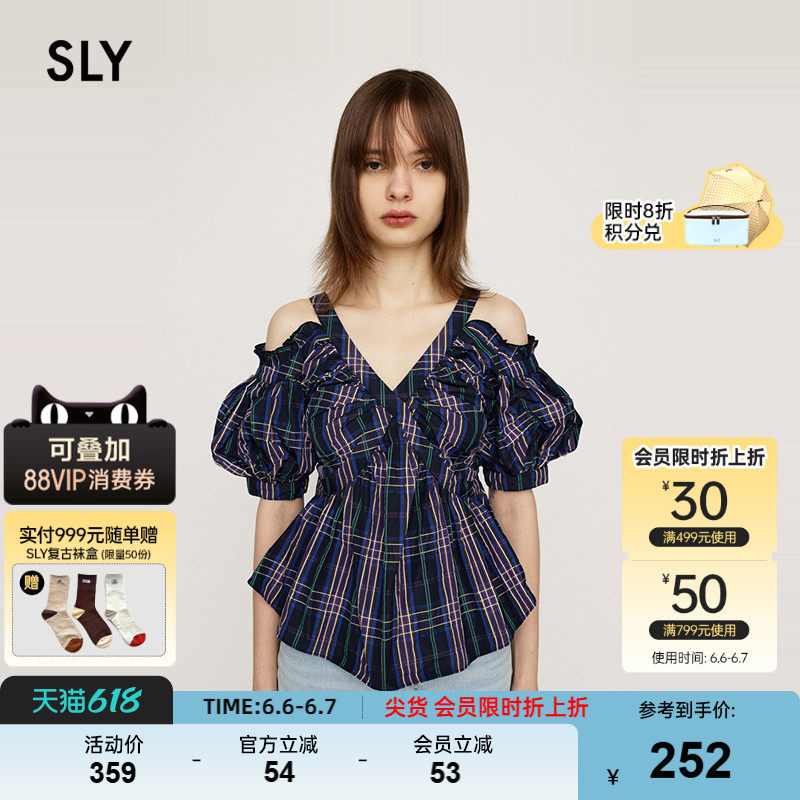 SLY 春季复古格纹日系露肩V领泡泡袖衬衫女038HAZ30-0091