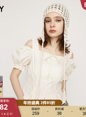 SLY 春季法式少女感可爱泡泡袖露肩衬衫女030HAY30-0781