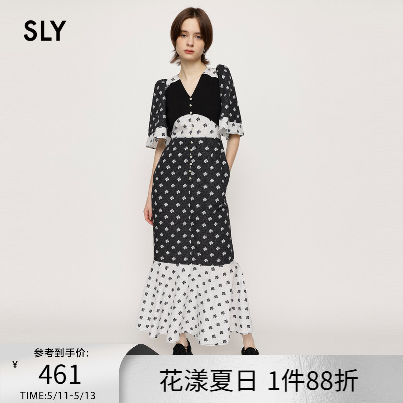 sly复古少女花卉喇叭袖连衣裙