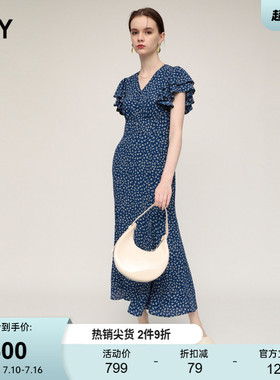 SLY 夏季新款甜美气质V领小花花瓣袖收腰连衣裙030HAR33-5421