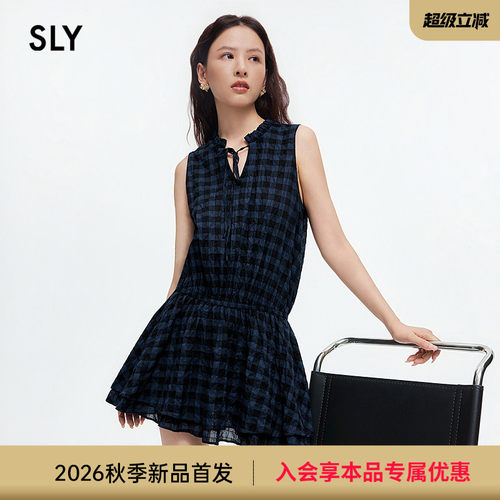 SLY2026夏季新品法式格纹立领绑带抽绳无袖连衣裙女038JSA33-1006