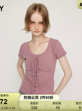 SLY 夏季新品甜美系带圆领修身舒适短袖上衣030ISR80-4551