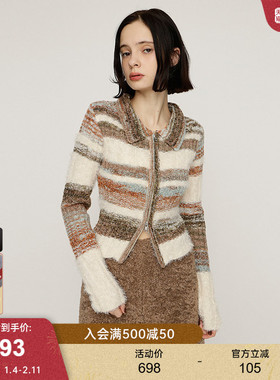 SLY2026早春新品复古辣妹风条纹撞色双拉链针织开衫030IAR70-3941