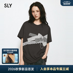 SLY 2026夏季新品甜酷少女风蝴蝶结印花圆领短袖T恤038JSZ90-1005