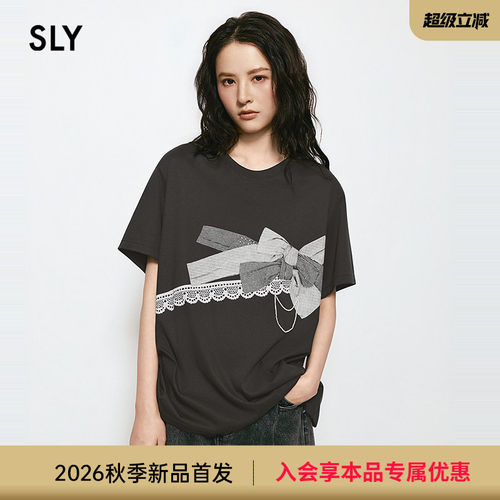 SLY 2026夏季新品甜酷少女风蝴蝶结印花圆领短袖T恤038JSZ90-1005