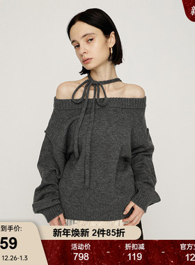 SLY2025冬季新品慵懒风蝴蝶结绑带露肩宽松毛针织衫030IAR70-3131