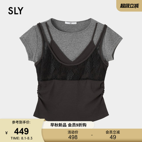 SLY 2026夏季新品纯欲风拼接蕾丝假两件撞色短袖T恤038JAA80-1002
