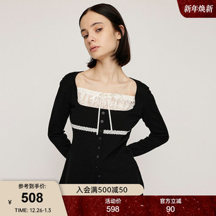 030IA470 甜美日系蕾丝拼接蝴蝶结绑带针织衫 2911 新品 SLY2025秋季