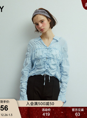 SLY 2025夏季新品甜美日系多巴胺条纹褶皱系带衬衫030ISY30-2601