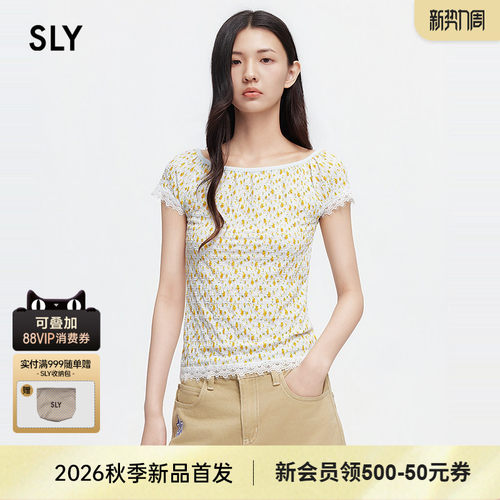SLY 2026夏季新品清新田园风小黄碎花蕾丝花边T恤女038JSA80-1013