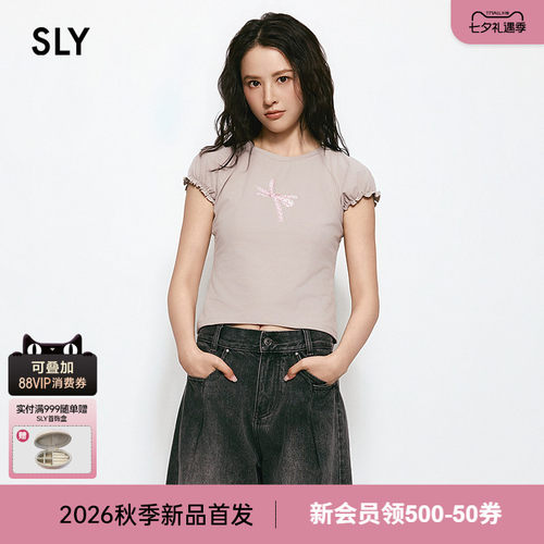 SLY 2026夏季新品甜美风波点蝴蝶结印花木耳袖边T恤038JSZ90-1004
