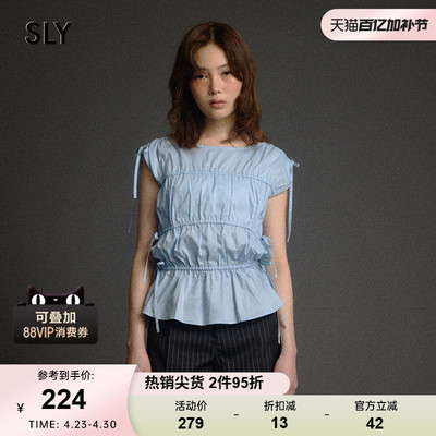SLY早春新品甜美系带飞飞袖褶皱修身圆领衬衫女030ISZ30-4441