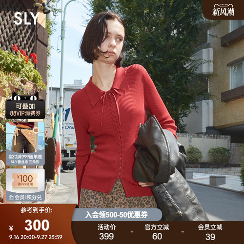 SLY 春季新品通勤风系带翻领修身长袖针织衫女030IAZ70-1451
