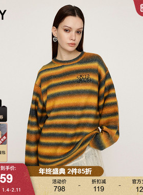 SLY 2024冬季新品鬼马少女撞色条纹刺绣针织衫毛衣030HAR70-4891