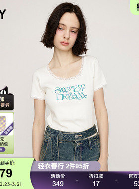 SLY 夏季新品甜美风蕾丝边字母圆领舒适短袖T恤030ISR90-3291