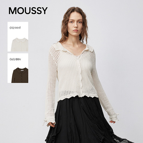 moussy 早秋新品文艺风纯色镂空翻领时尚针织衫028IAA70-1001
