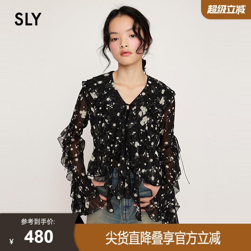 SLY 2025春季新品蝴蝶结荷叶边碎花雪纺长袖衬衫女030ISZ30-0931