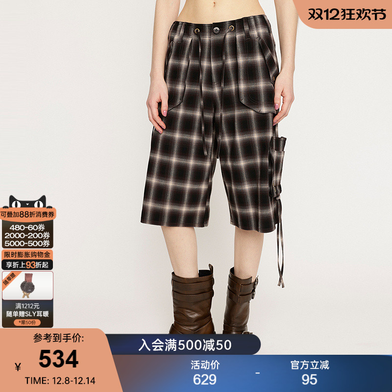 SLY 2025夏季新品Y2K格纹多口袋绑带五分裤休闲短裤030ISZ31-1941