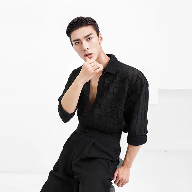 ZYM【肌理】衬衣立体波浪条纹上衣男春夏新款拉丁舞练功服N007