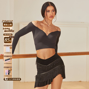 露背交叉带25105 上衣一字肩v领拉丁舞练功服冬装 小杏运